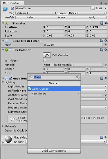 Screenshot: Hinzufügen des GazeCursor-Skripts