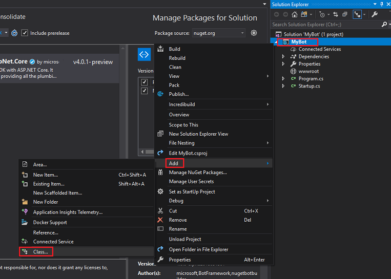 Screenshot: Prozess zum Hinzufügen einer neuen Klasse zu MyBot