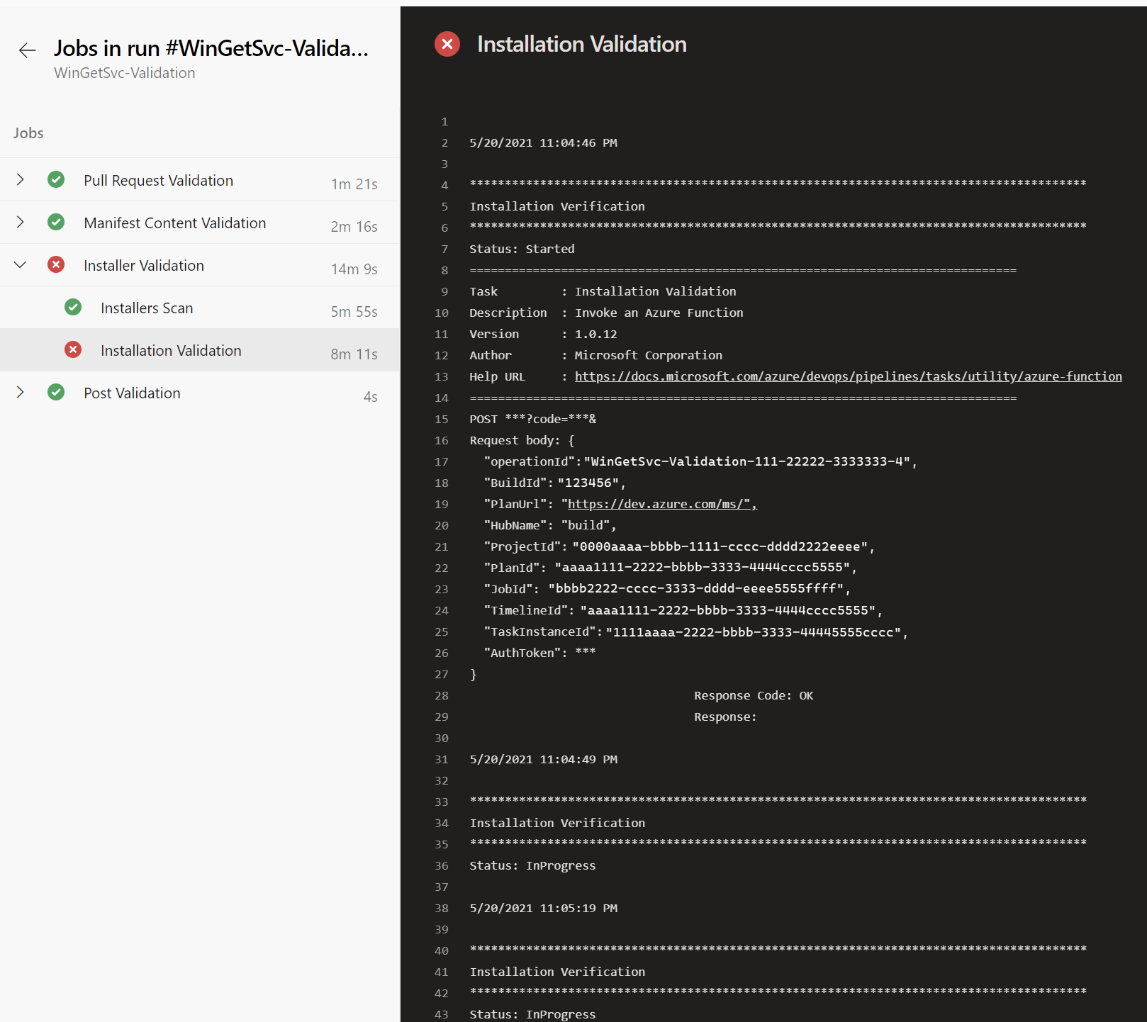 Screenshot des fehlgeschlagenen Auftrags.
