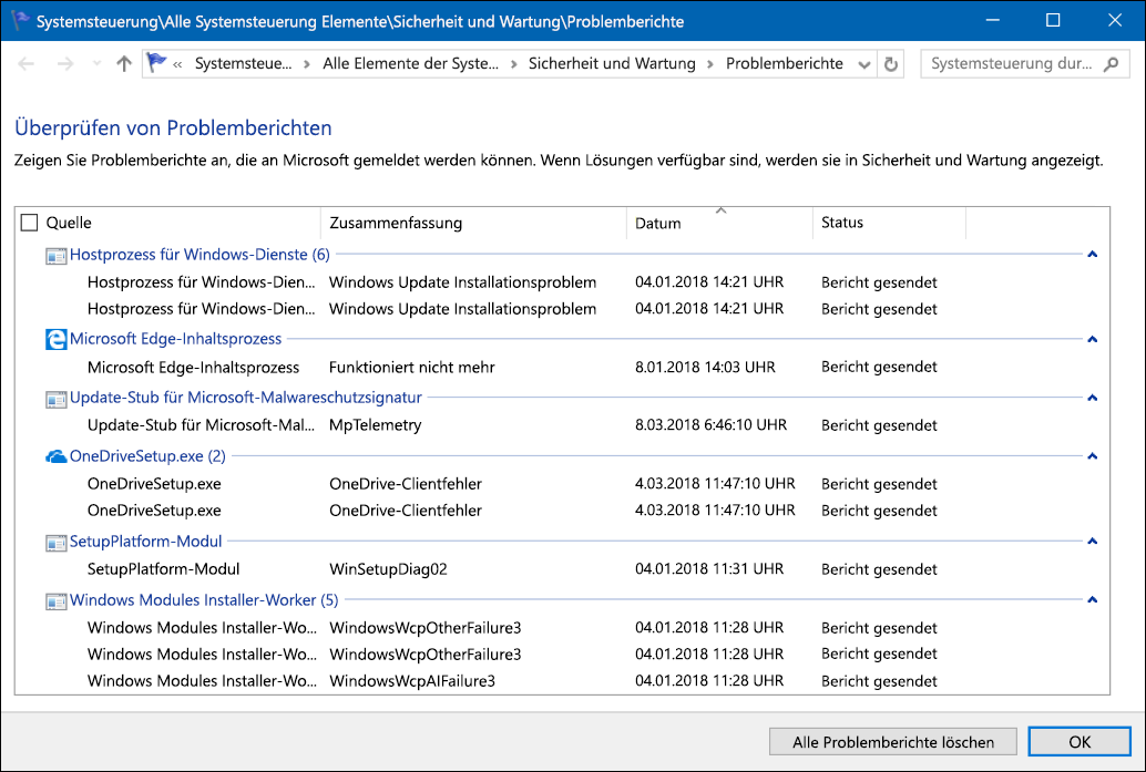 Screenshot des Tools „Problemberichte überprüfen“ in der Systemsteuerung.