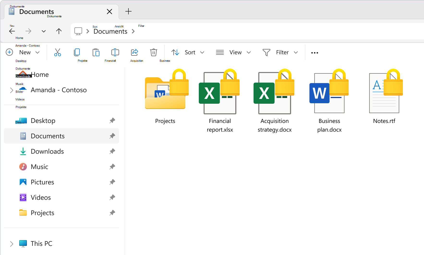 Screenshot von Explorer mit einigen Dateien, die durch die Verschlüsselung personenbezogener Daten geschützt sind und ein Vorhängeschloss anzeigen.
