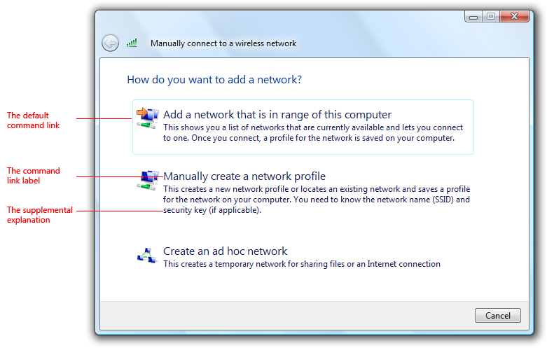 Screenshot eines typischen Befehlslink-Dialogfelds 