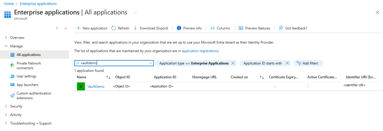 Screenshot that shows selections to get the application ID of a Backup vault's managed service identity.