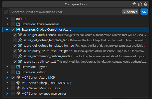 Screenshot of the list of tools in Visual Studio Code.