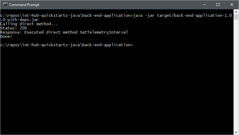 Screenshot of a terminal window that shows the result of the direct method call from the service application.