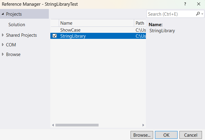Add StringLibrary as a project reference for StringLibraryTest.