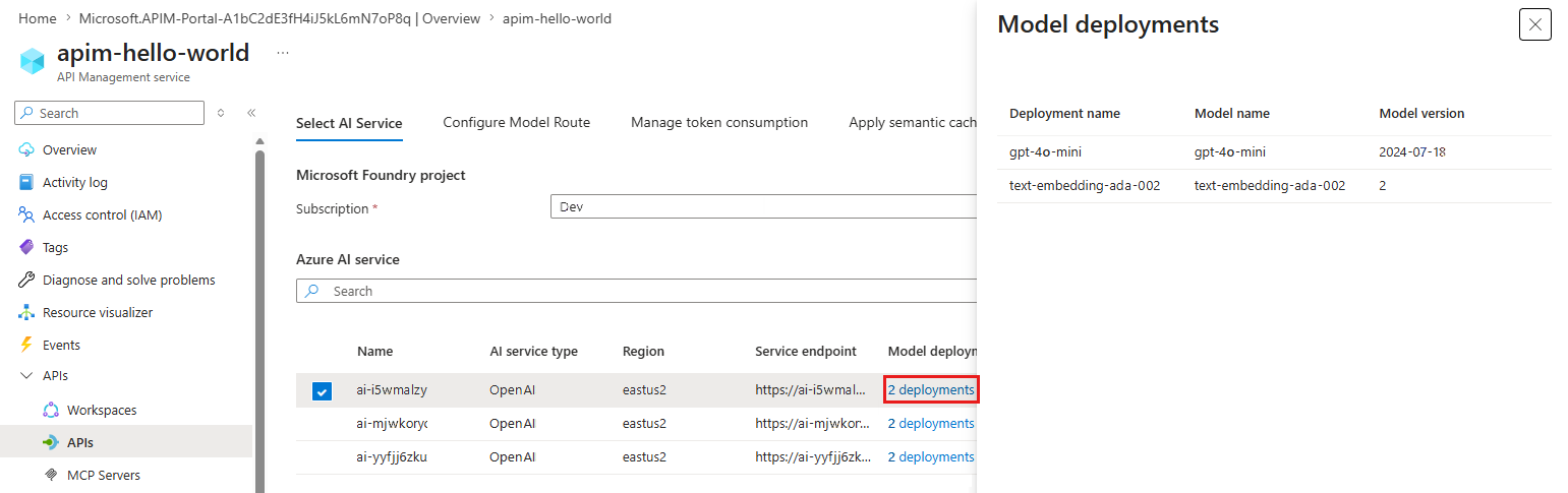 Screenshot of deployments for an AI service in the portal.