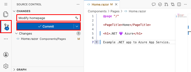 Screenshot of Visual Studio Code in the browser, Source Control panel with a commit message of 'We love Azure' and the Commit and Push button highlighted.