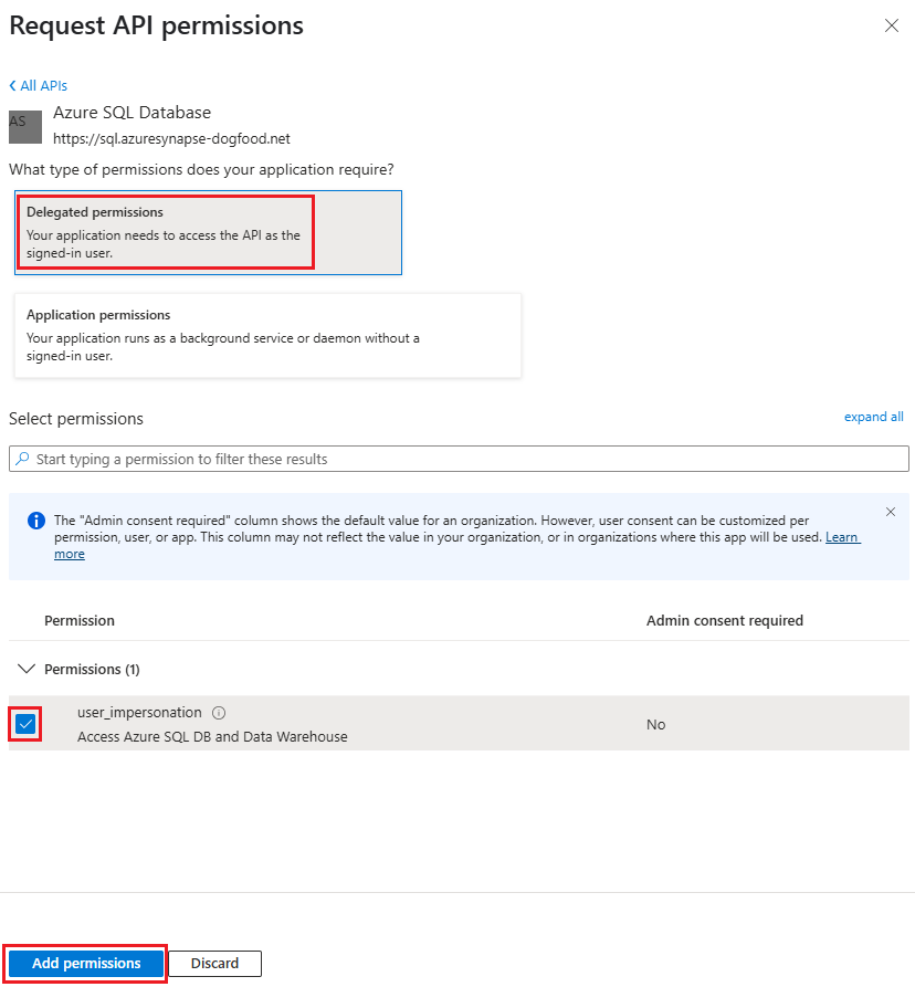 Screenshot of the Request API permissions page showing Delegated permissions, user_impersonation, and the Add permission button selected.