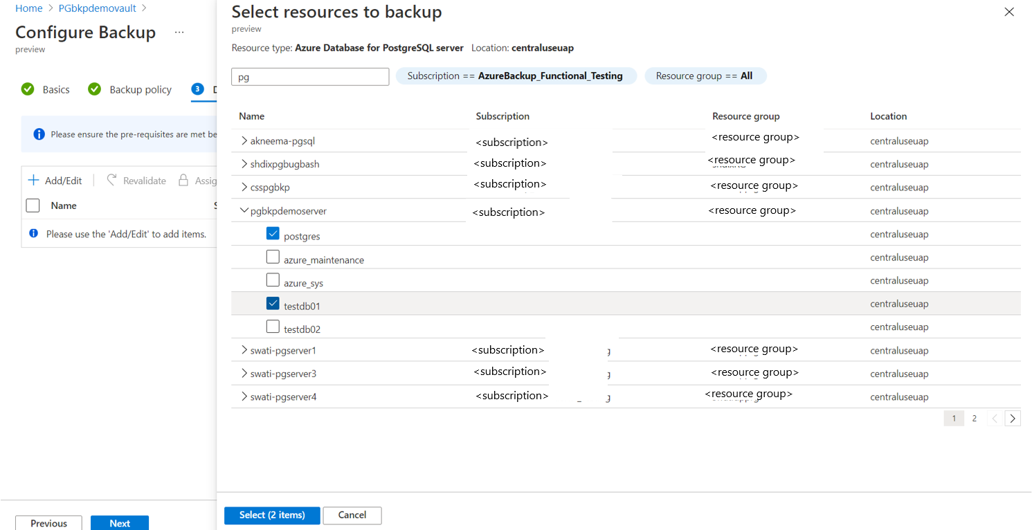 Screenshot that shows the pane for choosing an Azure Database for PostgreSQL server.