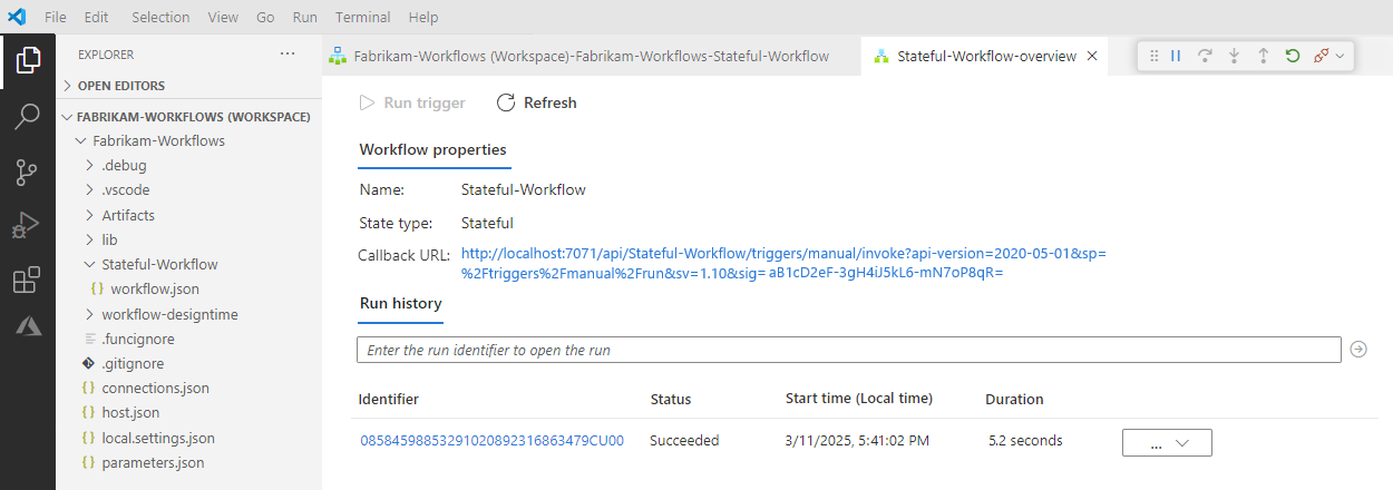 Screenshot that shows the workflow's overview page with run status and history.