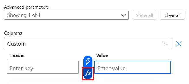 Screenshot shows Standard workflow, Columns parameter, Function expression selected for the Column Value field.
