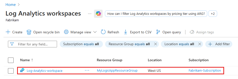 Screenshot shows the Log Analytics workspaces that you can select.