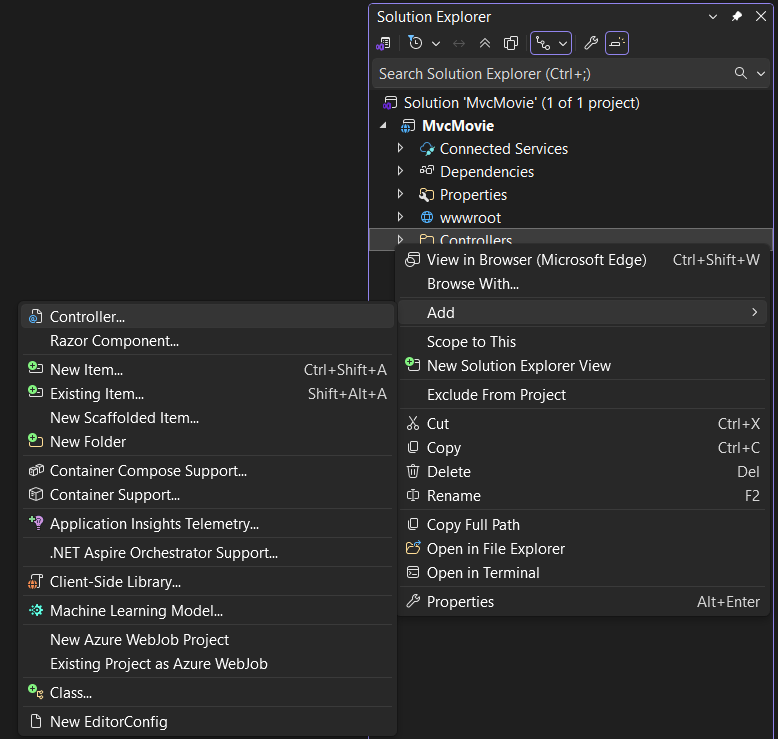 Solution Explorer, right click Controllers > Add > Controller.