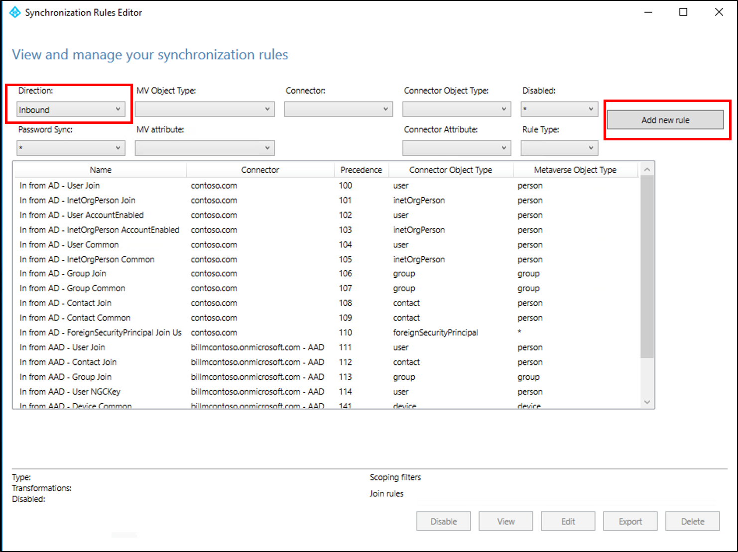 Screenshot that shows the View and manage your synchronization rules window with Inbound and the Add new rule button selected.