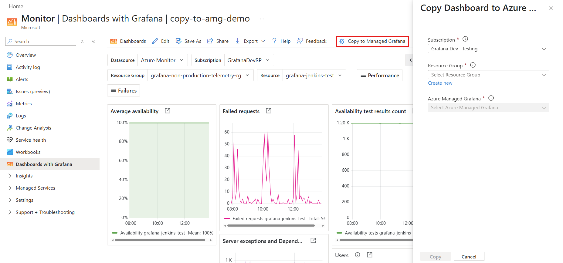 Screenshot of the Copy to Managed Grafana side pane.