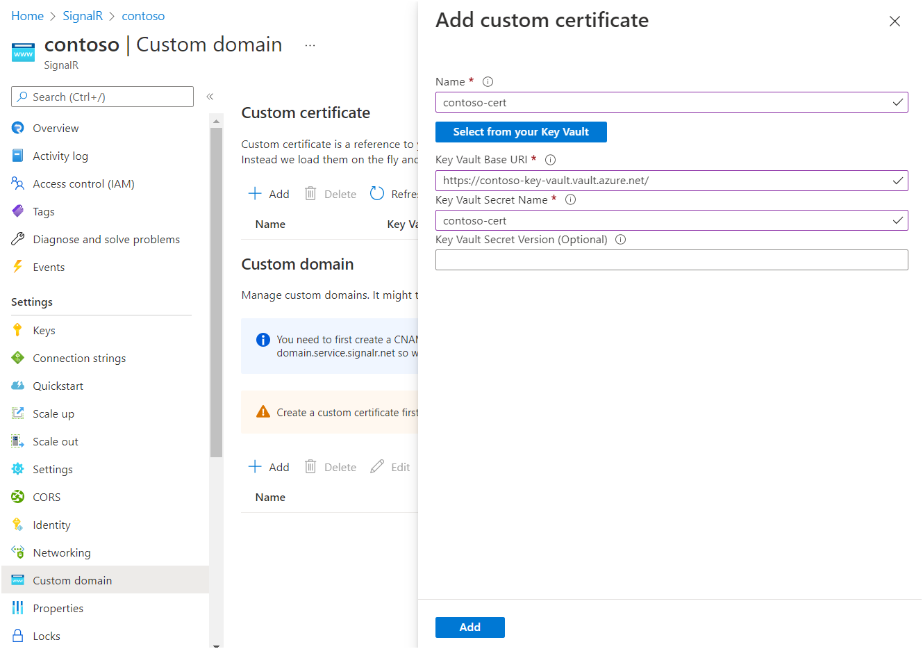 Screenshot that shows adding a custom certificate.