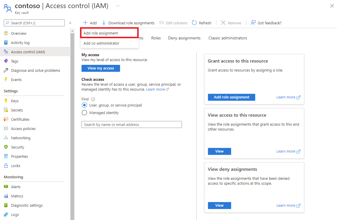Screenshot that shows the IAM Add role assignment option.