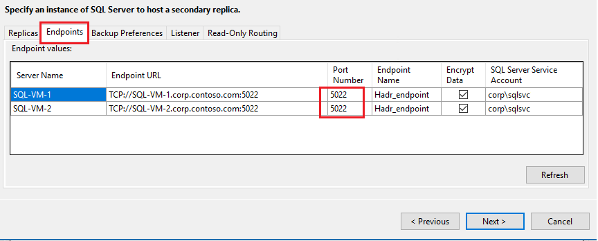 Screenshot of the Endpoints tab in the New Availability Group Wizard in SSMS.