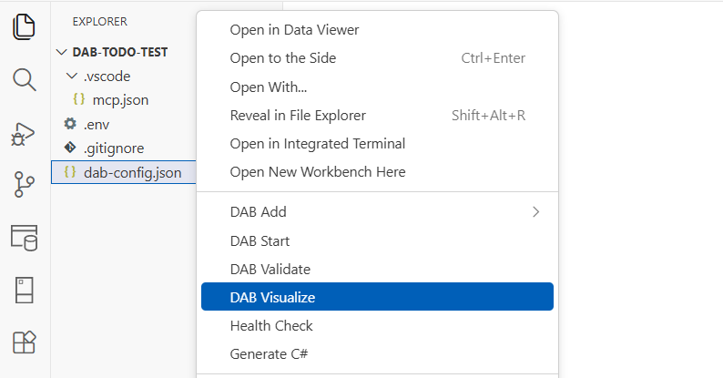 Screenshot of the DAB Visualize output rendered as an ER diagram in Visual Studio Code.