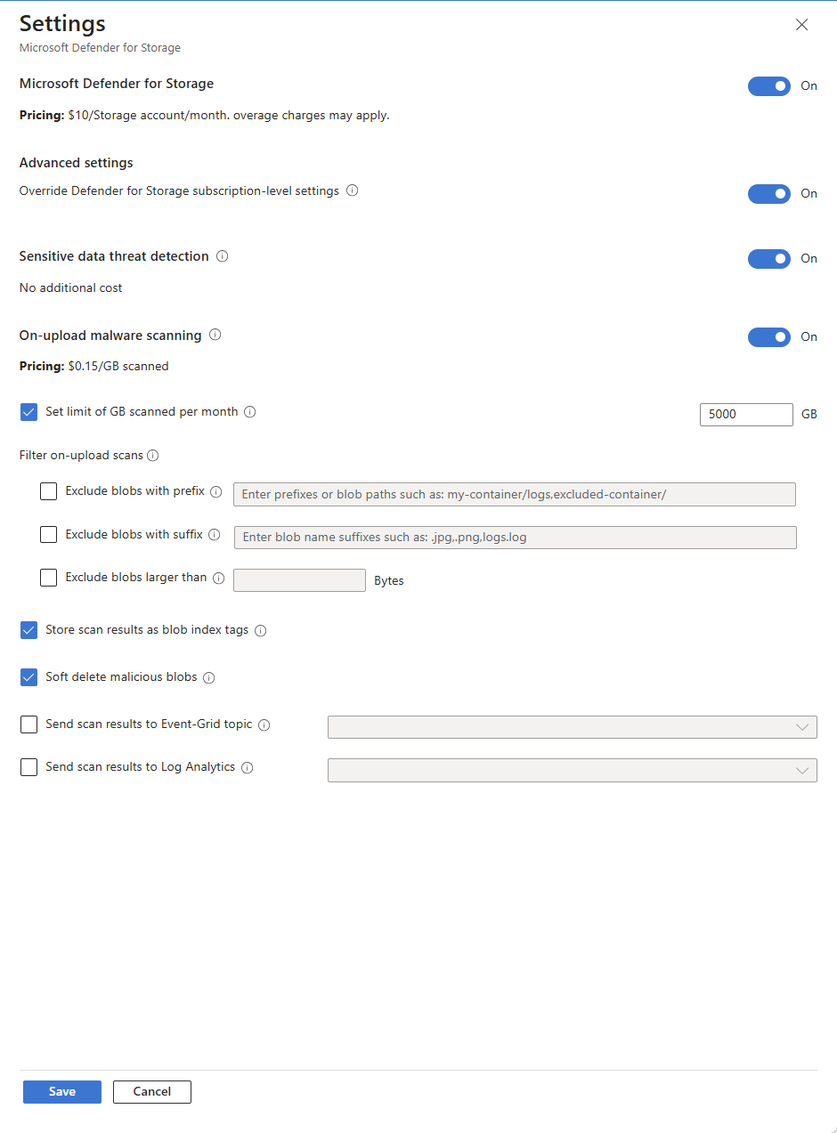 Screenshot of Microsoft Defender for Storage advanced settings page.