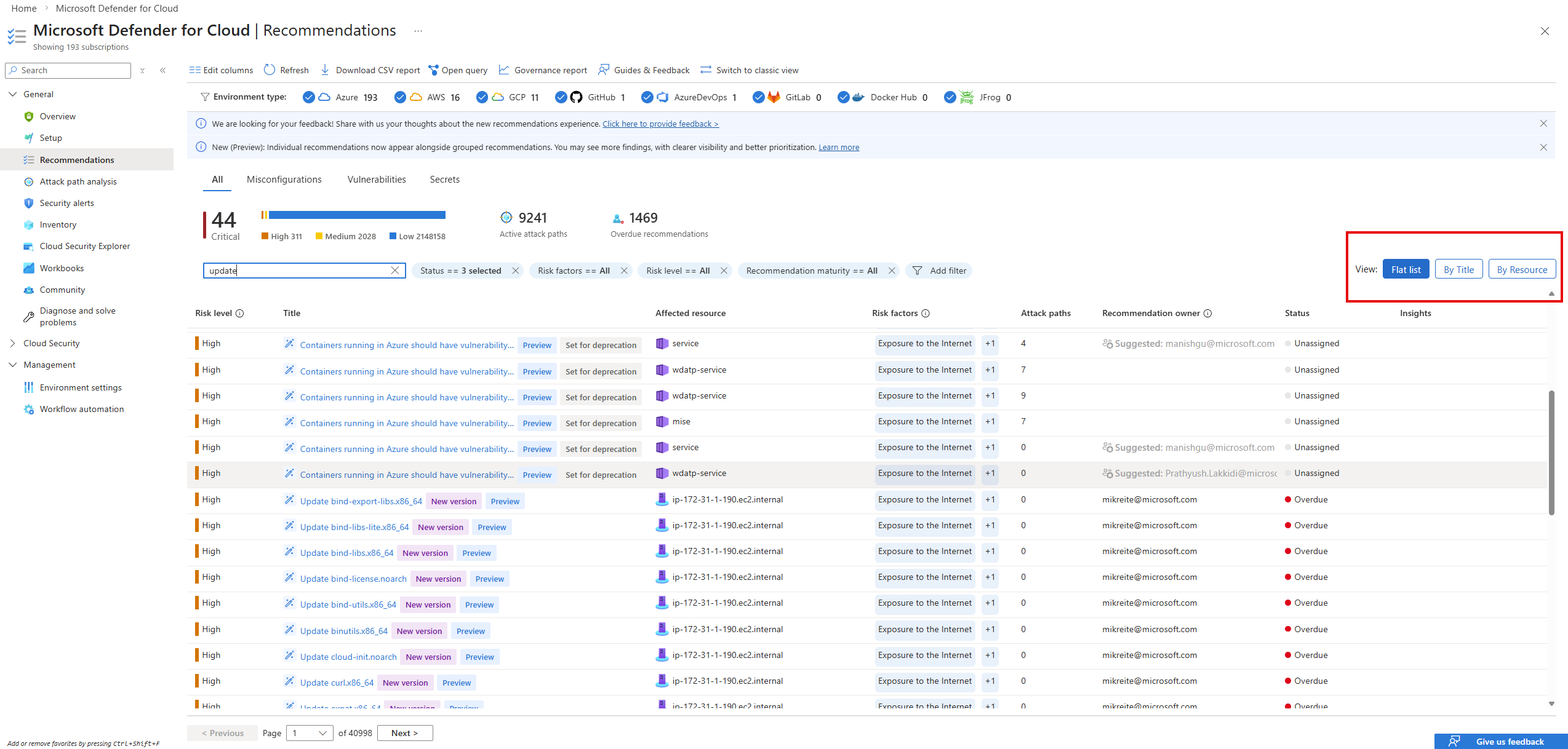 Screenshot of Microsoft Defender for Cloud recommendations page with filter options and view buttons for Flat list, By Title, and By Resource.