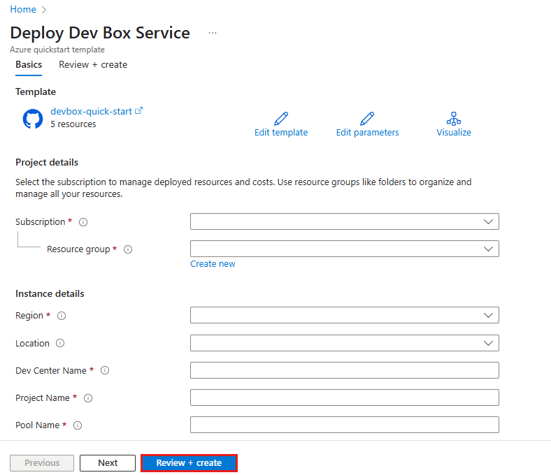 Screenshot of the Basics tab in the Get Started template, showing fields for subscription, resource group, and region selection.