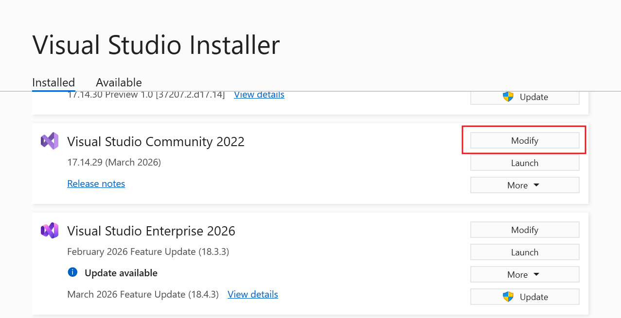 Screenshot that shows the Visual Studio Installer with the Modify button highlighted.