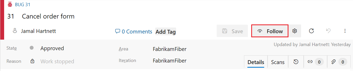 Screenshot showing the Work item form with Follow icon control.