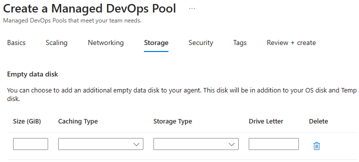 Screenshot that shows how to configure a data disk when you create a pool.