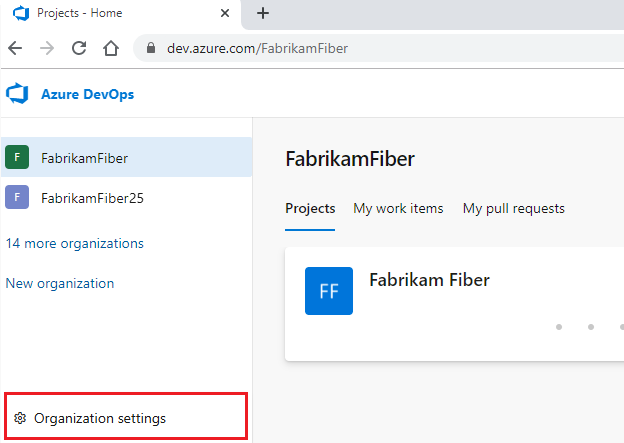Screenshot of selection, Organization settings.