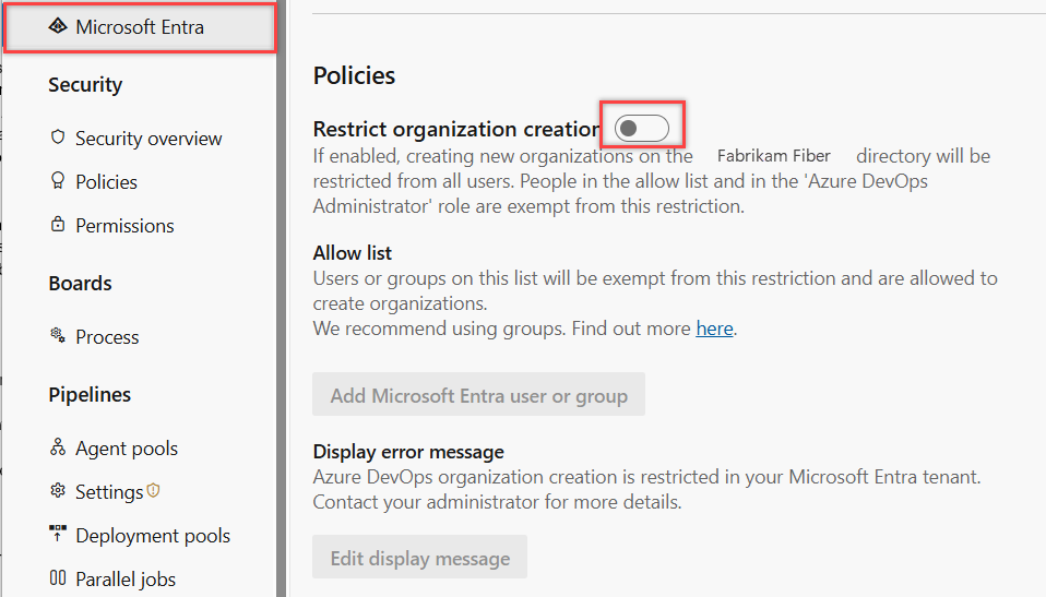 Screenshot shows highlighted toggle for Restrict organization creation.
