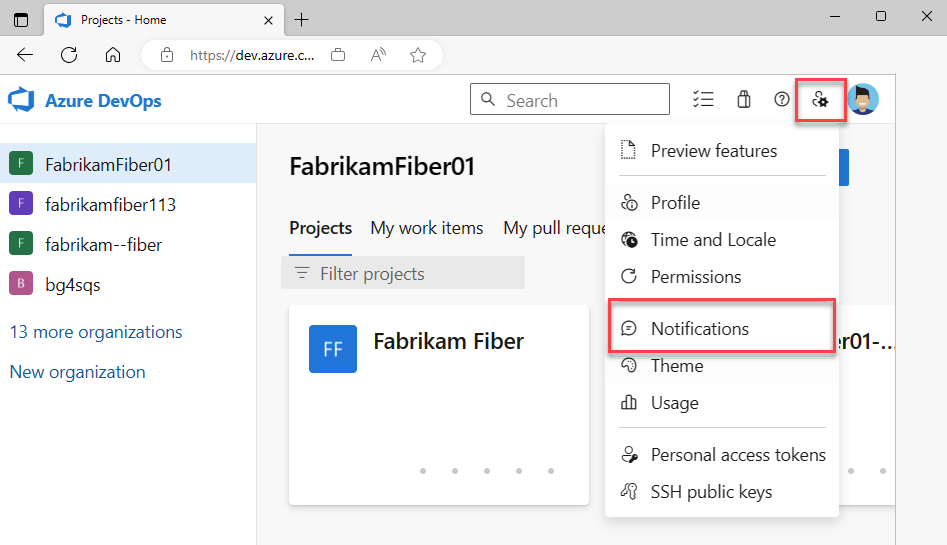 Screenshot that shows how to select the User settings, Notifications option in Azure DevOps.
