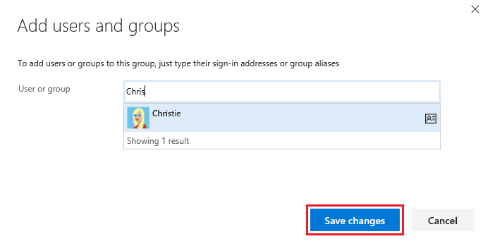 Screenshot of Add users and group dialog, on-premises.