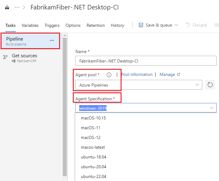 Screenshot that shows how to select an agent pool and the desired agent.