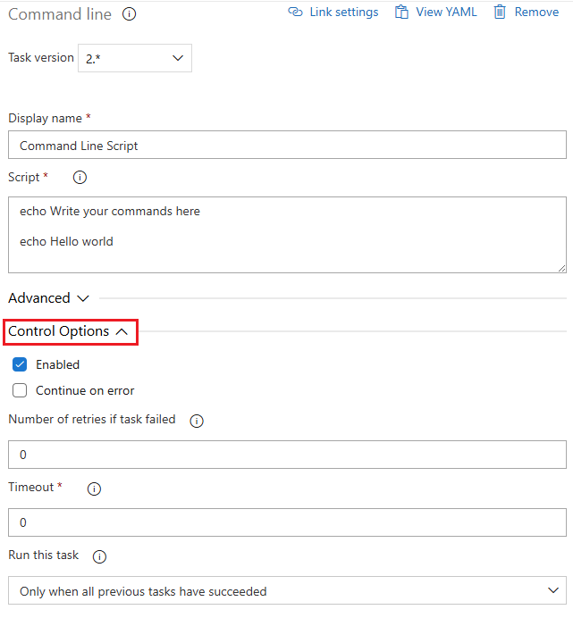 Screenshot that shows the expanded Control Options for a Classic pipeline task.