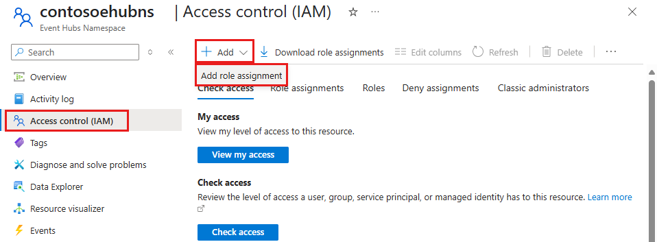 Screenshot that shows the Access control page for the Event Hubs namespace.