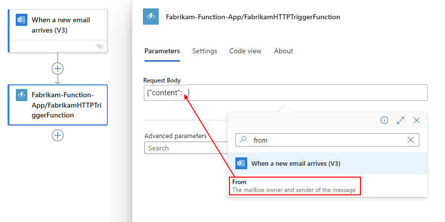 Screenshot shows a Consumption workflow and a function with a Request Body example for the context object payload.