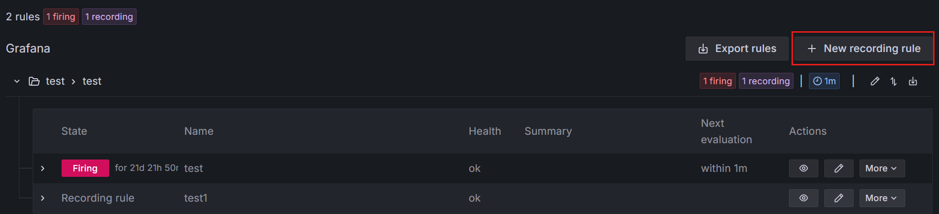 Screenshot of the Alert rules page in Grafana with the New recording rule button highlighted.