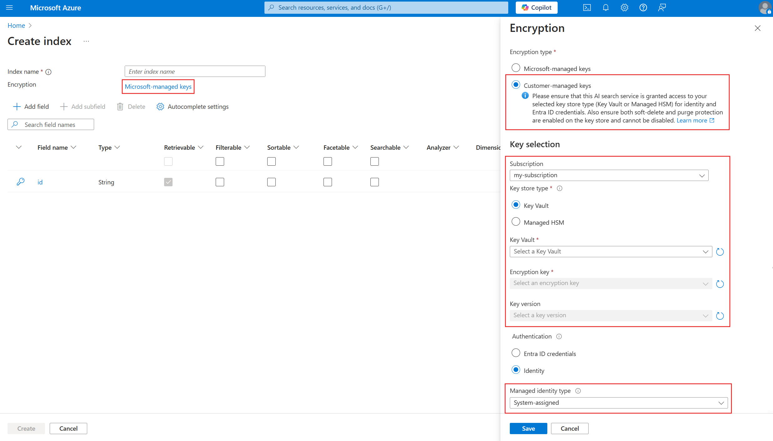 Screenshot of the encryption key page in the Azure portal.