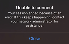 A screenshot from Windows App for iOS/iPadOS showing an error message that screen capture is enabled and you need to connect from a supported client.