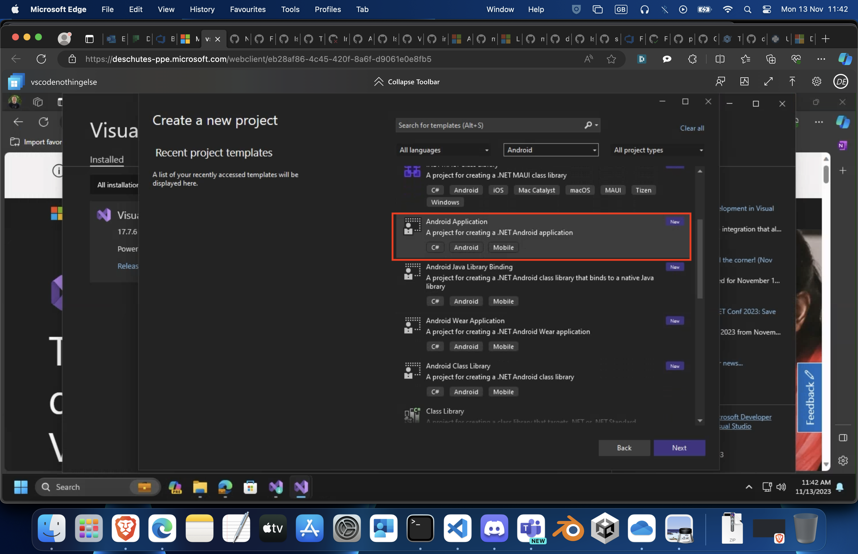 Select the Android Application Template