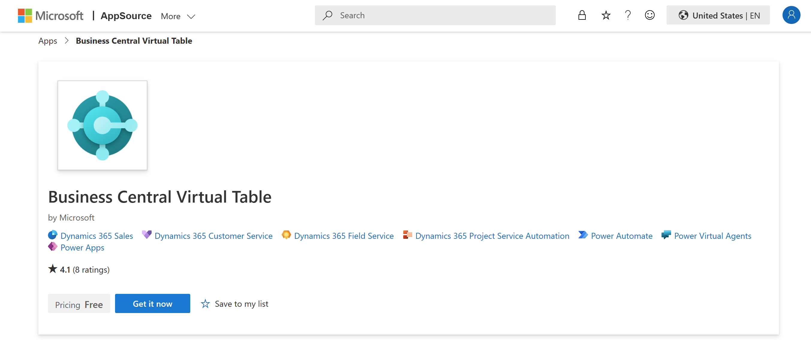 Screenshot of the Business Central Virtual Table app from Marketplace