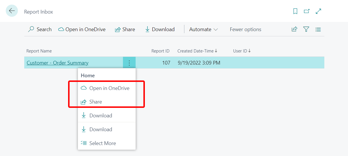 The Open in OneDrive and Share actions for reports.