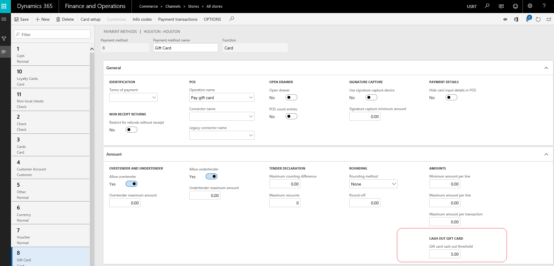 Screenshot of setting the gift card threshold.