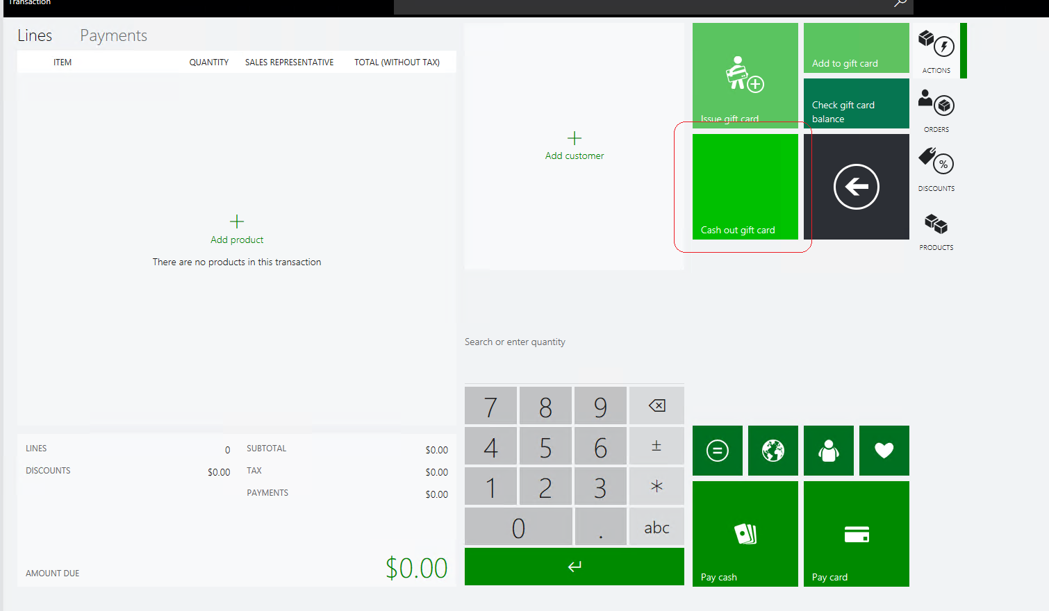 Screenshot of the POS screen with Cash out gift card highlighted.
