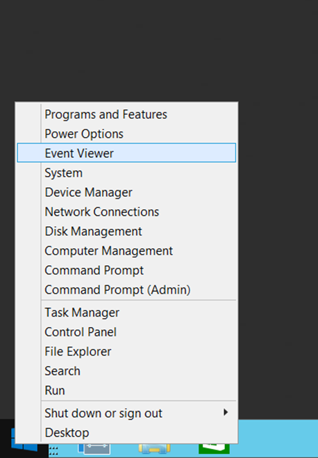Screenshot of the Event Viewer command on the shortcut menu for the Start button.
