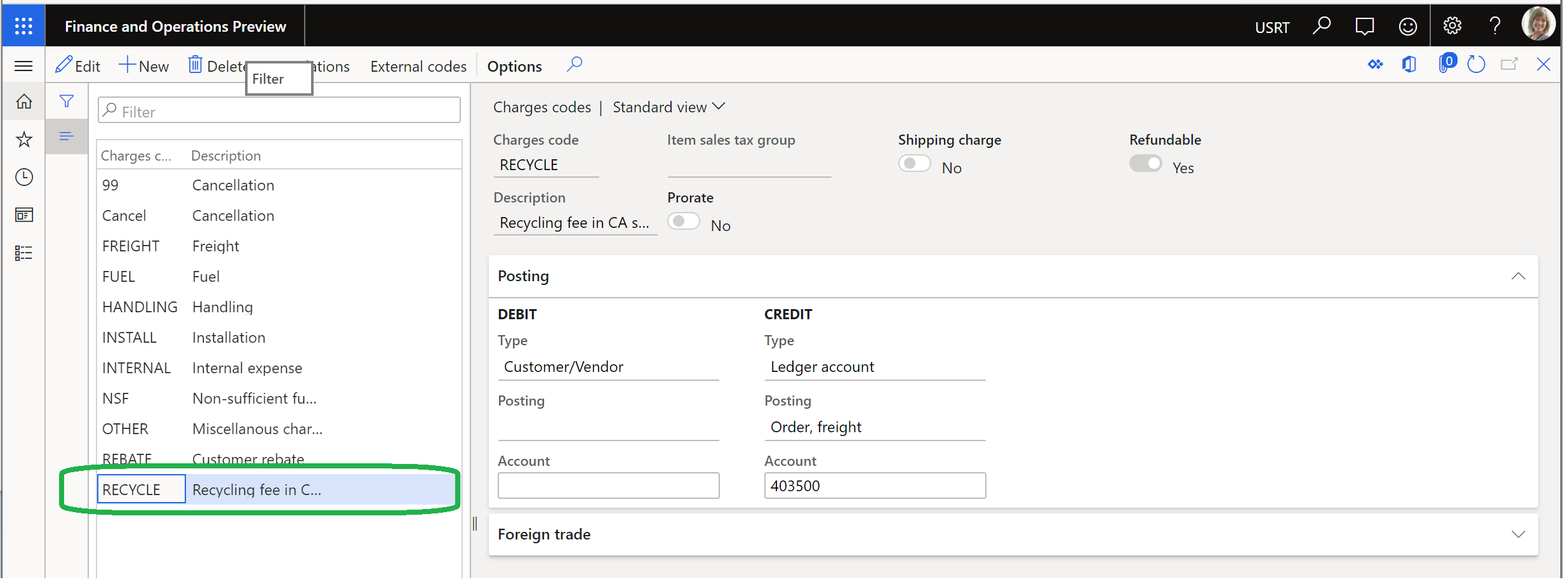 Screenshot of the RECYCLE charges code configuration.