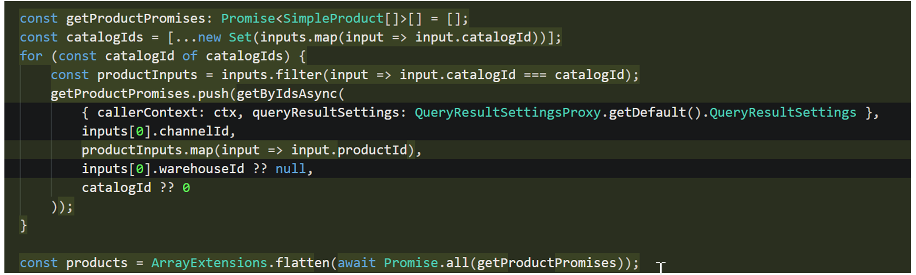 Screenshot of the updated data action that groups product lines by catalog ID.