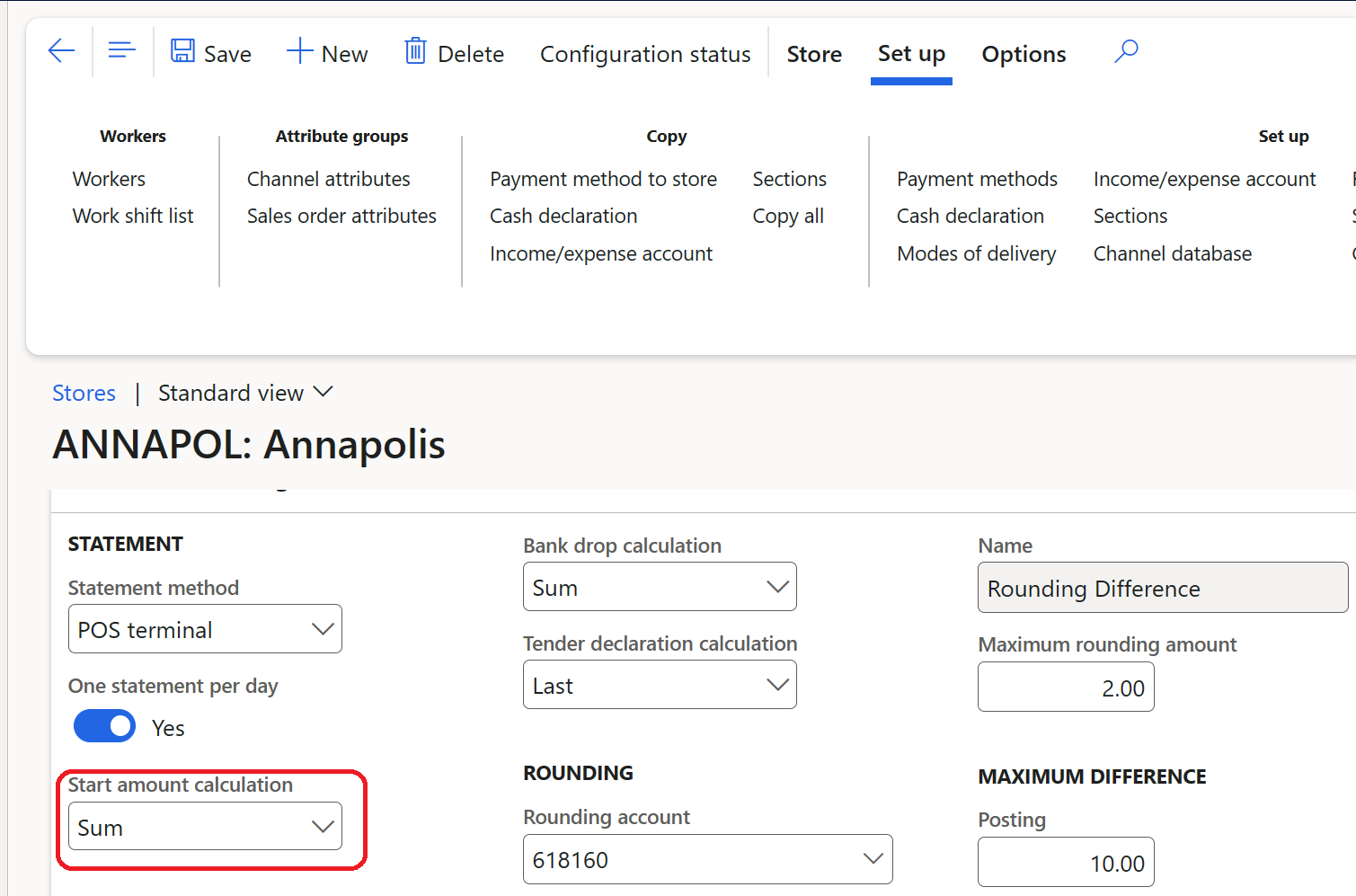 Screenshot of the Start amount calculation configuration on the store details form.